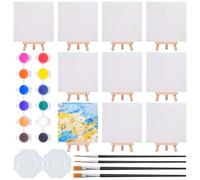 Annickee Lot de 10 Mini Chevalets de Table en Bois avec 10 Toile a Peindre 15 x 15cm, Petit Chevalet en Bois pour La Peinture 15 x 8cm, avec 12 Pigment Acrylique, 4 Pinceaux et 2 Palettes