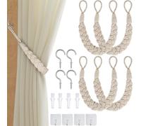 Annickee Lot de 4 Embrasses de Rideaux avec Corde, Attache Rideau Corde Beiges, Embrasse pour Rideaux avec Crochets Adhésifs, Embrasse Rideau avec Crochet en Métal pour Maison, Bureau