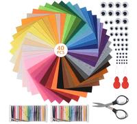 Annickee Lot de 40 feuilles de feutre de bricolage, 15 x 15 cm, avec fil à broder coloré, ciseaux et faux yeux, feuilles en feutre coloré pour bricolage, artisanat, couture, projets de décoration