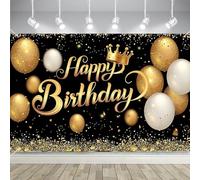 Anniversaire Bannière,KEUGT Happy Birthday Bannière de Fond,Logo Noir et Or Anniversaire Décorations,Poster de Décoration de Fête,Fond de Poster,Fournitures pour Fête d'anniversaire,180x115cm