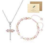 Anniversaire cadeau croix collier pour les filles, blanc rose filles de charme bracelets pour 13ème 16ème anniversaire cadeaux fille, 18ème anniversaire collier sainte communion cadeaux avec une carte
