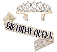 Anniversaire Couronne et Echarpe Tiara Cristal Couronne pour les Fournitures de Fête de Joyeux Anniversaire,Faveurs, Décorations(Or)