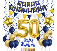 Anniversaire Decoration 50 ans Homme Bleu, Ballons Anniversaire 50 Bleu Or Déco, 50 ans Anniversaire Bleu Or, Homme 50 ans Déco Gâteau, 50 ans ballon Homme Décoration Femme,50 Ballon Bleu Déco