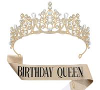 Anniversaire Diadème et Écharpe Or Strass Couronne d'anniversaire Écharpe Birthday Girl Sash Birthday Queen écharpe Tiara en Cristal pour Fille Femme