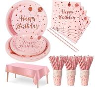 Anniversaire Party Vaisselle 121pcs Pink et Rose Or Kit Vaisselles Papier Assiette Tasse Serviette Enfants Fête Anniversaire