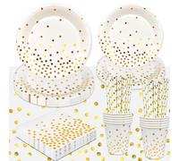 Anniversaire Party Vaisselle,Vaisselle de Fête d'Anniversaire en or Blanc Comprendre Blanc Party Assiette, Papier Tasse Serviettes Nappe etc pour Mariage, Baby Shower Enfant-16 Invités
