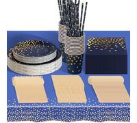 Anniversaire Vaisselle de fete 226 Pièces Bleu Foncé Or Rosé Party Assiette Anniversaire Set Comprendre Assiette Jetables Papier Tasses Serviettesr pour Party Decoration Baby Shower -25 Invités