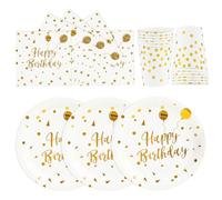 Anniversaire Vaisselle de fete 72 Pièces Blanc Or Assiettes en Carton Anniversaire Set Comprendre Assiette Jetables Papier Tasses Serviettesr pour Décoration Fête de Mariage Baby Shower,24 Invités