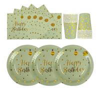 Anniversaire Vaisselle de fete 72 Pièces Happy Birthday Vert Assiettes en Carton Anniversaire Set Comprendre Assiette Papier Tasses Serviettesr pour Décoration Fête de Mariage Baby Shower,24 Invités