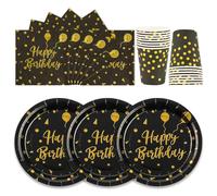 Anniversaire Vaisselle de fete 72 Pièces Noir Or Assiettes en Carton Anniversaire Set Comprendre Assiette Jetables Papier Tasses Serviettesr pour Décoration Fête de Mariage Baby Shower,24 Invités