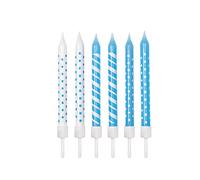 Anniversary House-AHC195 Lot de 12 Bougies d'anniversaire avec Supports Bleu Clair à Pois et Rayures 7,5 cm AHC195, 7.5 Centimeters