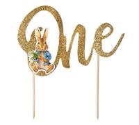 Anniversary House Beatrix Potter™ J003 Décoration de gâteau à paillettes dorées pour 1er anniversaire Motif Peter Rabbit ™ Avec fixation Papier et pics en bambou