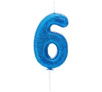 Anniversary House Bougie colorée à paillettes bleu - Numéro 6 - Décoration de gâteau d'anniversaire - 7 cm - AHC30/6