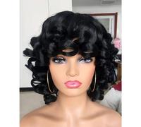ANNIVIA Courte courte pour femmes avec une grande frange Big Bouncy Bouncy Fluffy Curly Wig Soft Synthetic Courte Curly Afro Wig (noir)