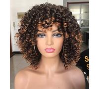 ANNIVIA Perruque afro bouclée avec frange pour femme - Perruque courte bouclée bouclée pour femme - Synthétique résistante à la chaleur - Perruques courtes afro (marron ombré)