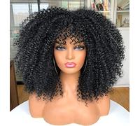 ANNIVIA Perruques bouclées de 16 pouces pour femmes afro bouclés perruque avec frange fibre synthétique sans colle longs cheveux bouclés crépus (noir)