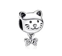 Annmors Pet Cat & Bow Charm 925 Sterling Silver Bead with Cubic Zirconia for Animal Lovers Gifts Christmas Halloween Valentine's Day Happy Birthday