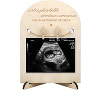Annonce grossesse avec un cadre en bois pour l'échographie, Cadeau annonce grossesse famille avec photo échographie de ton bébé - Notre plus belle aventure commence par un battement de cœur