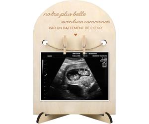 Annonce grossesse avec un cadre en bois pour l'échographie, Cadeau annonce grossesse famille avec photo échographie de ton bébé - Notre plus belle aventure commence par un battement de cœur