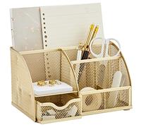 Annova Organiseur de bureau en maille avec 7 compartiments + tiroir/rangement de bureau, porte-bonbons, porte-stylo, organiseur multifonction (doré)