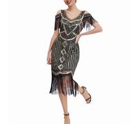 AnnSemo Costume Gatsby le Magnifique des années 1920 - Robe garçonne élégante à paillettes et perles - Col en V - Sans manches - Ourlet à pompons - Robe de soirée - Art déco - Paisley, 03 Gold -