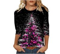 AnnSemo Haut de Noël à manches 3/4 pour femme - Imprimé sapin de Noël pailleté - Décontracté et confortable - Pull de Noël ample pour femme - Col rond tendance, Rose (03), L