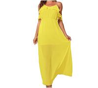 AnnSemo Robes d'été 2023 sexy à épaules dénudées sans manches pour femme - Robe longue décontractée - Robe de cocktail élégante - Robe de soirée rétro de couleur unie, Jaune 1, L