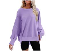 AnnSemo Sweatshirts pour femmes UK Décontracté à manches longues Couleur unie Col rond Pull Automne Hiver Pullover Fente Latérale Y2k Boy Friend Tops Gym Outdoor Activewear Solde, Violet (02), L