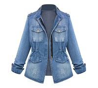AnnSemo Veste en jean pour femme - Chemisier décontracté à manches longues et fermeture éclair - Cardigan péplum vieilli déchiré - Haut d'entraînement surdimensionné, Bleu 1, L