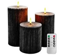 AnnSpa 3 Set Bougies LED sans Flamme Fonctionne sur Batterie avec Télécommande, Rayures verticales Vraie Cire Flickering Lumière Jaune Ambre, Cire non Parfumée pour Cadeau et Décoration - Black