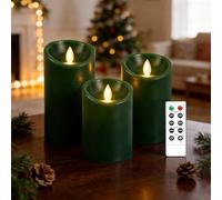 AnnSpa 3 Set Bougies LED sans Flamme Fonctionne sur Batterie avec Télécommande, Vraie Cire Flickering Moving Mèche Scintillante Lumière Jaune Ambre, Cire non Parfumée pour Cadeau et Décoration - Vert