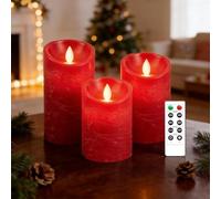 AnnSpa 3 Set Bougies LED sans Flamme Fonctionne sur Batterie avec Télécommande, Vraie Cire Flickering Moving Mèche Scintillante Lumière Jaune Ambre, Cire non Parfumée pour Cadeau et Décoration -Rouge