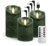 AnnSpa Lot de 3 Bougie Led Rechargeable Usb avec Télécommande Minuterie, Bougies Sans Flamme Graduable, Bougie Electrique Bougie Rechargeable Chandelle Led pour Cadeau et Décoration (Vert)
