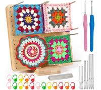 Annyswit Planche de Blocage pour Crochet Granny Square 19.5 x 19.5 cm Bois avec 20 Épingles en Acier Inoxydable 9 Aiguilles à Laine 2 Crochets 20 Marqueurs Planche pour Projets de Crochet et Tricot
