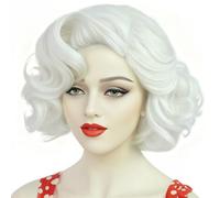ANOGOL Bonnet de cheveux + perruque blanche bouclés pour femme, perruque courte blonde, perruque blonde pour cosplay, grandes perruques ondulées des années 80, perruques blondes, perruques de cheveux