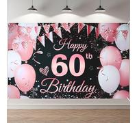 ANOMM 60 Ans Bannière D'anniversaire, Décorations de Fête D'anniversaire 60 Ans, Banderole Joyeux Anniversaire, pour Hommes et Femmes (180 x 110 cm, Noir Rose)