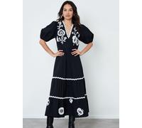 Another Sunday Another Sunday Black Puff Sleeve 100% Cotton Embroidered Tiered Midi Dress Black EU 34 (UK 6)