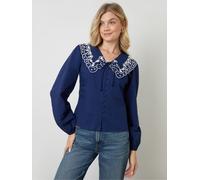 Another Sunday Another Sunday Blue Button Through Embroidered Collar Detail Blouse