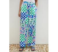 Another Sunday Another Sunday Blue Floral Printed Check Satin Wide Leg Trousers
