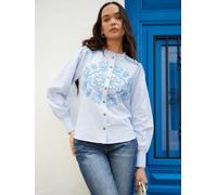 Another Sunday Another Sunday Blue Stripe Embroidered Button Through Frill Collar 100% Cotton Blouse