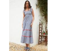 Another Sunday Another Sunday Navy Gingham Shirred Tie Strap Tiered 100% Cotton Midi Dress Navy Gingham EU 44 (UK 16)