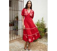 Another Sunday Another Sunday Red Puff Sleeve 100% Cotton Embroidered Tiered Midi Dress Red EU 42 (UK 14)