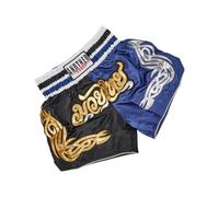 Anotherboxer Short de Muay Thai respirant unisexe pour entraînement MMA Kickboxing avec taille élastique pour plus de confort et de mobilité dans les combats et le fitness (2XL Noir + Bleu)