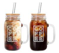 ANOTION Mason Jar - Tasse à café glacé avec couvercle et paille - Bocaux Mason en verre avec poignée - Gobelet réutilisable pour café glacé - Pour voyage, bureau, maison - 710 ml