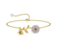 Anoup Bracelets tournesol avec initiale pour filles et femmes, bracelets tournesol plaqués or 14 carats, bracelets à breloques tournesol avec initiale, bijoux de tournesol, cadeaux pour filles et, 6"+