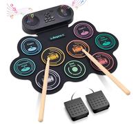 Anpro Kit de Batterie Électronique à 9 Pads, Haut-Parleurs Stéréo Doubles, Arrotolable, Pédales et Baguettes Incluses. Compatible Casque/Bluetooth/MIDI