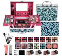 Anpro Trousse de maquillage tout-en-un avec motif léopard, comprend un ensemble de maquillage professionnel pour adolescents, pinceaux, palette d'ombres, cadeau idéal pour les filles - Bleu léopard