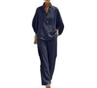 ANQKYO Ensemble Deux PièCes En Lin Et Coton à Manches Ensemble deux pièces en coton et lin à manches chauve-souris for femmes, chemise décontractée pantalon jambes larges(Dark Blue,L)