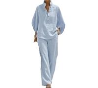 ANQKYO Ensemble Deux PièCes En Lin Et Coton à Manches Ensemble deux pièces en coton et lin à manches chauve-souris for femmes, chemise décontractée pantalon jambes larges(Blue,XXXXX-Large)