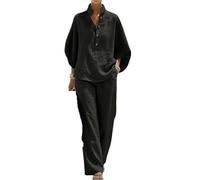 ANQKYO Ensemble Deux PièCes En Lin Et Coton à Manches Ensemble deux pièces en coton et lin à manches chauve-souris for femmes, chemise décontractée pantalon jambes larges(Black,XXL)